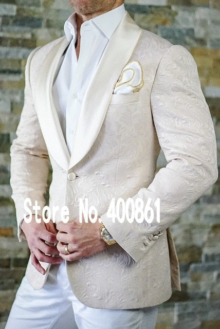 High Quality One Button White Paisley Tuxedo (Jacket+Pants+Tie)