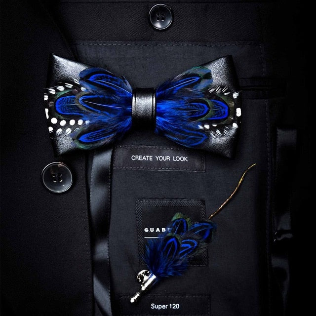 Original Design Natural Brid Feather Exquisite Hand Made Bow Tie Brooch Pin Gift Box Set