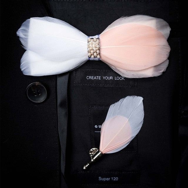 Original Design Natural Brid Feather Exquisite Hand Made Bow Tie Brooch Pin Gift Box Set