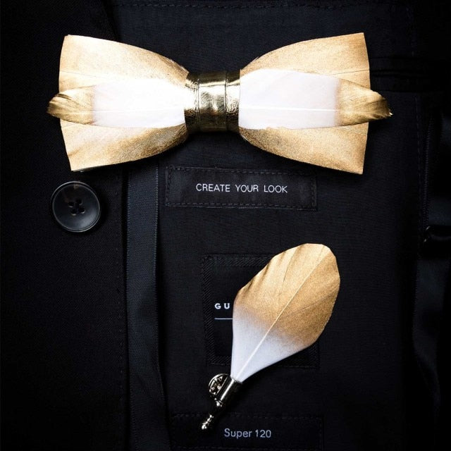 Original Design Natural Brid Feather Exquisite Hand Made Bow Tie Brooch Pin Gift Box Set