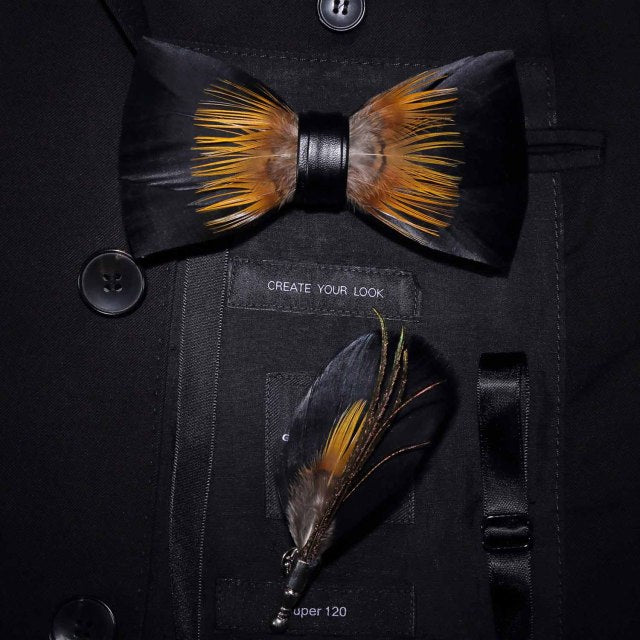 Original Design Natural Brid Feather Exquisite Hand Made Bow Tie Brooch Pin Gift Box Set