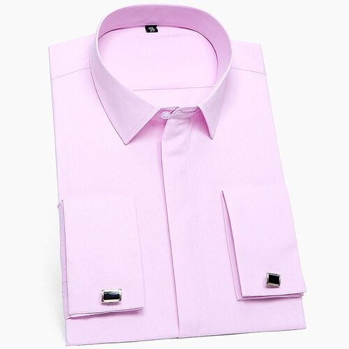 Men's Classic French Cuffs Solid Dress Shirt Covered Placket Standard-fit With cufflinks