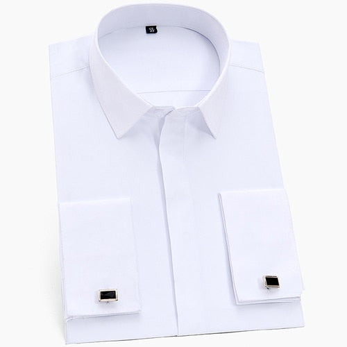 Men's Classic French Cuffs Solid Dress Shirt Covered Placket Standard-fit With cufflinks