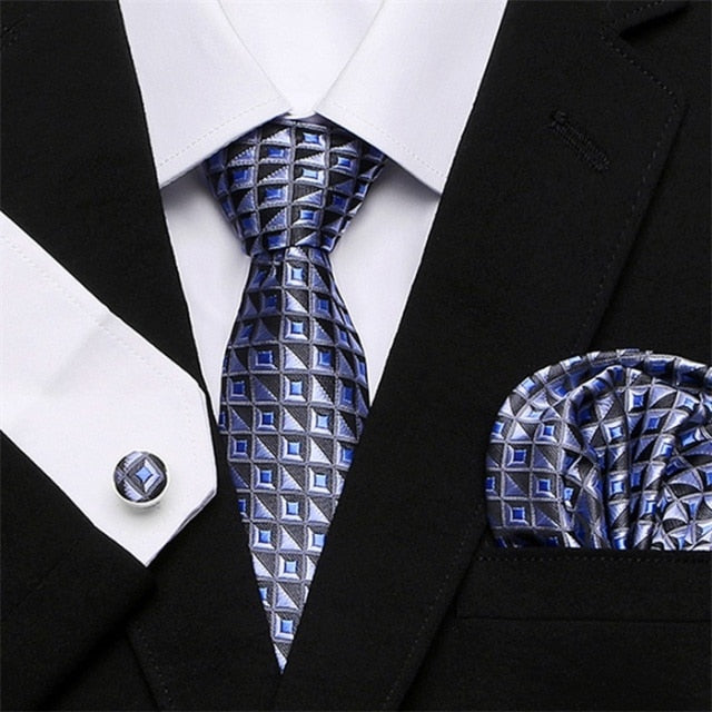 Skinny Blue palid 100% Silk Classic Jacquard Hanky Cufflink Set