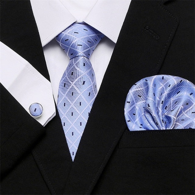 Skinny Blue palid 100% Silk Classic Jacquard Hanky Cufflink Set