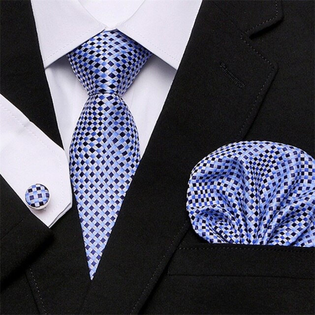 Skinny Blue palid 100% Silk Classic Jacquard Hanky Cufflink Set