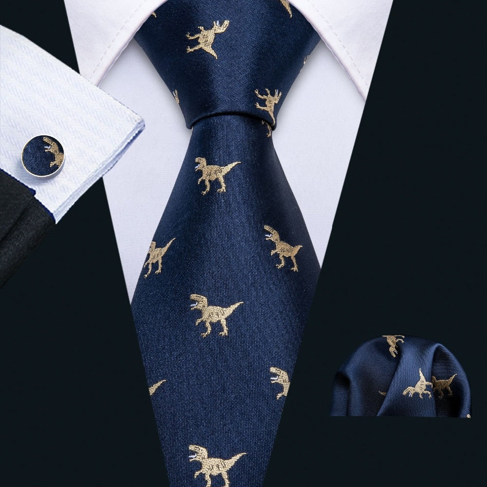 Dinosaur Pattern Navy Gold Necktie 8.5cm Silk Ties