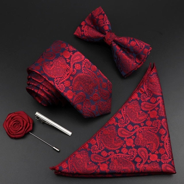 New Silk Men Tie Set Polyester Jacquard Woven Necktie Bowtie Suit Vintage