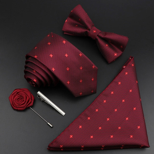 New Silk Men Tie Set Polyester Jacquard Woven Necktie Bowtie Suit Vintage