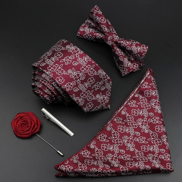 New Silk Men Tie Set Polyester Jacquard Woven Necktie Bowtie Suit Vintage