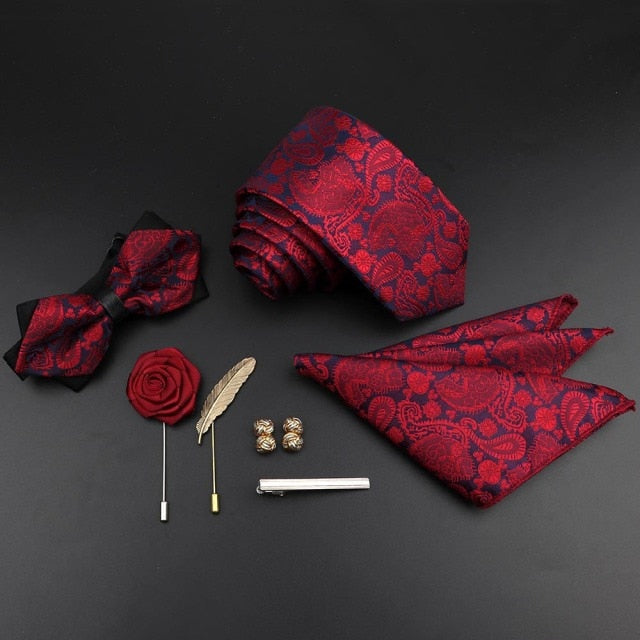 New Silk Men Tie Set Polyester Jacquard Woven Necktie Bowtie Suit Vintage