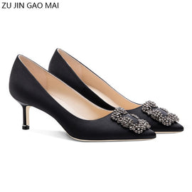 Black Rhinestones Basic Pumps Satin Cloth Artificial Crystal Diamond Buckle Shoes