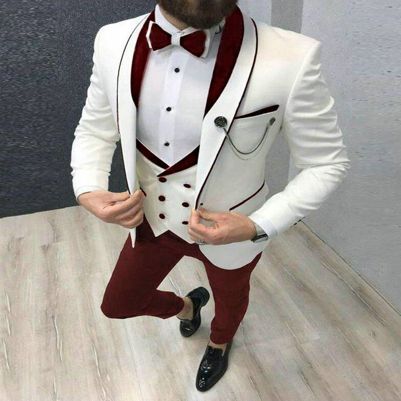 Fashion Slim Fit 3-Pieces White Blazers Burgundy Pant