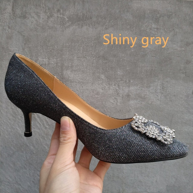 Black Rhinestones Basic Pumps Satin Cloth Artificial Crystal Diamond Buckle Shoes