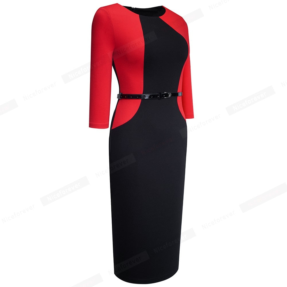 Vintage Elegant Contrast Color Patchwork One-Piece Dress