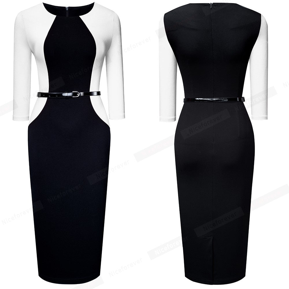 Vintage Elegant Contrast Color Patchwork One-Piece Dress