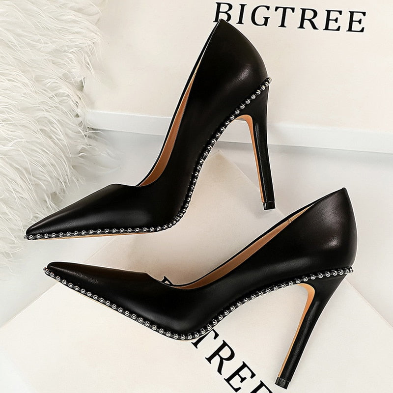 2021 Rivet Pumps New High Heels Stiletto Pu Leather Sexy Shoes