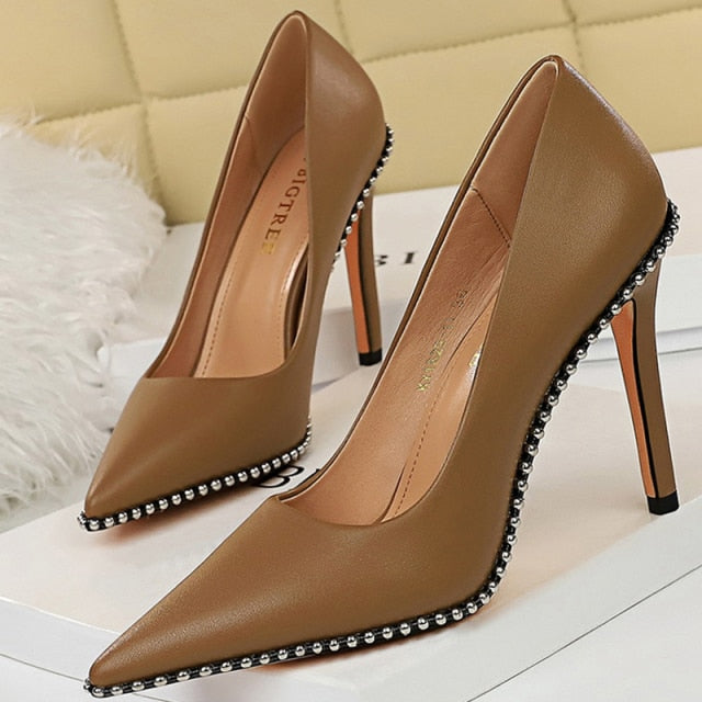 2021 Rivet Pumps New High Heels Stiletto Pu Leather Sexy Shoes