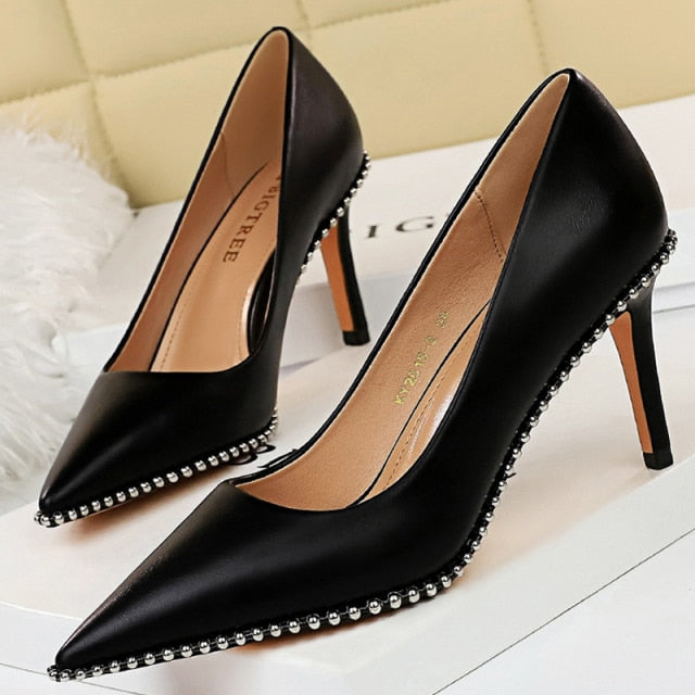 2021 Rivet Pumps New High Heels Stiletto Pu Leather Sexy Shoes