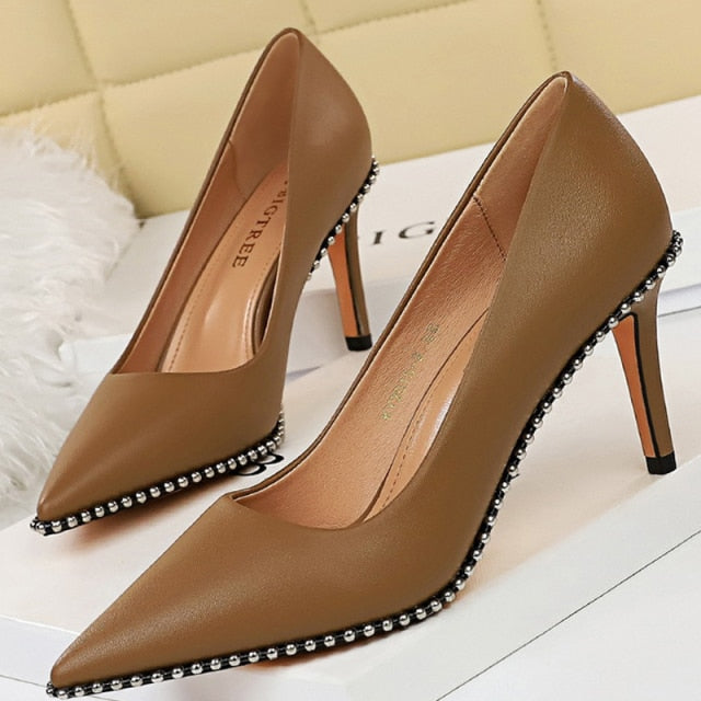 2021 Rivet Pumps New High Heels Stiletto Pu Leather Sexy Shoes