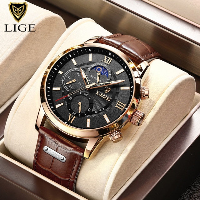 Top Brand Leather Chronograph Waterproof Moon phase Quartz Watch