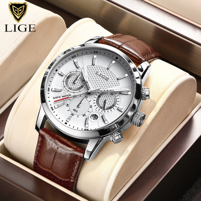 Top Brand Leather Chronograph Waterproof Moon phase Quartz Watch