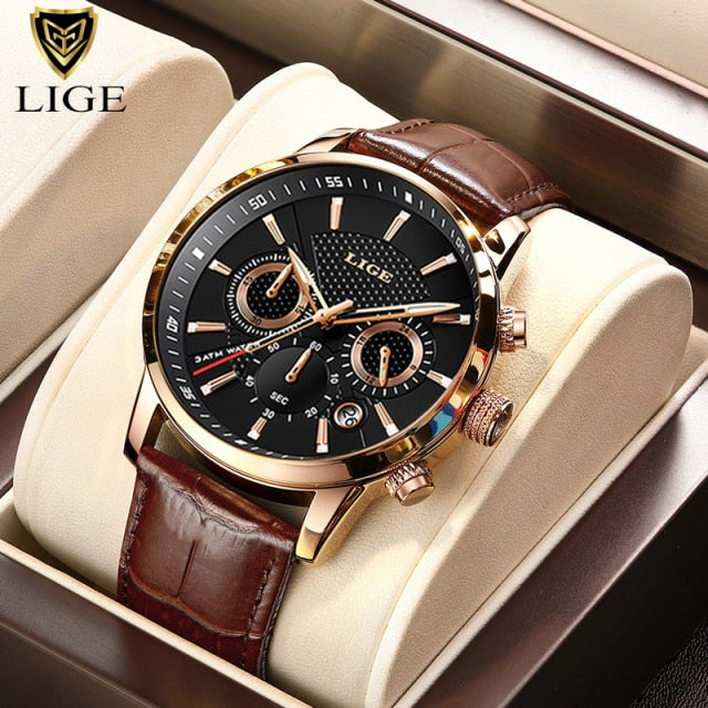 Top Brand Leather Chronograph Waterproof Moon phase Quartz Watch