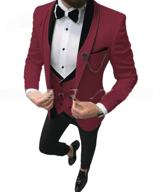 Fashion Slim Fit 3-Pieces White Blazers Burgundy Pant