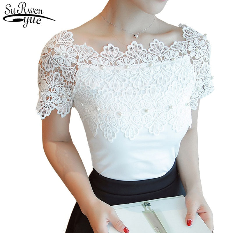 Hollow Out Fashion Elegant Lace Patchwork Blouse Casual Top