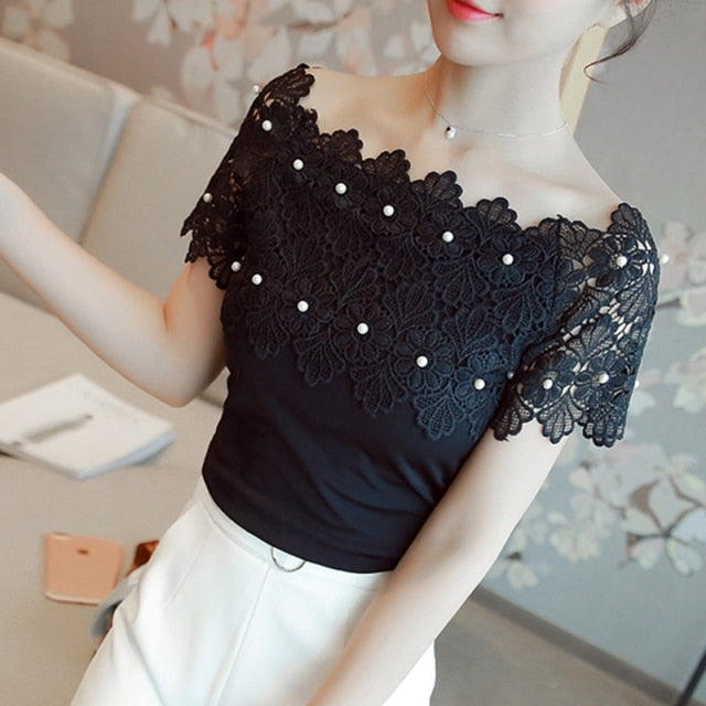 Hollow Out Fashion Elegant Lace Patchwork Blouse Casual Top