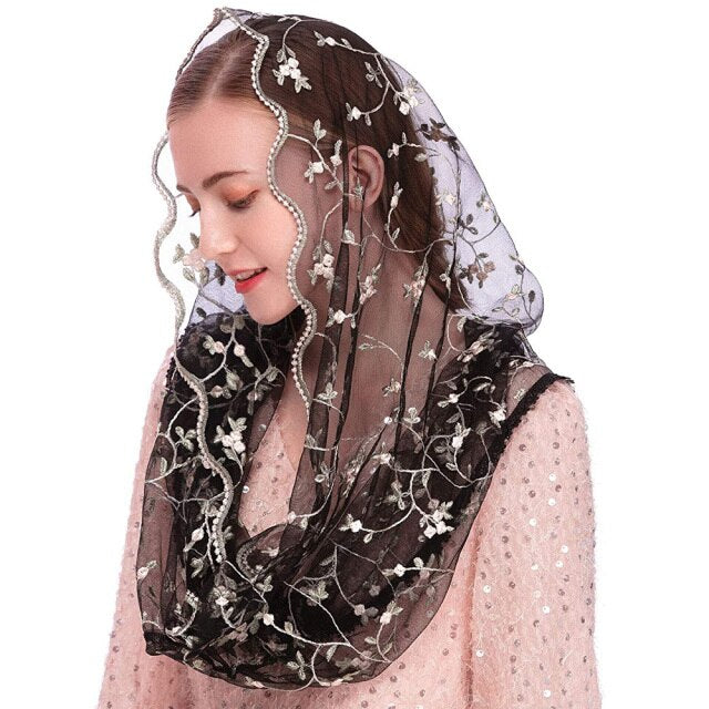 Infinity Veil Floral Soft Embroidered Lace Head Covering