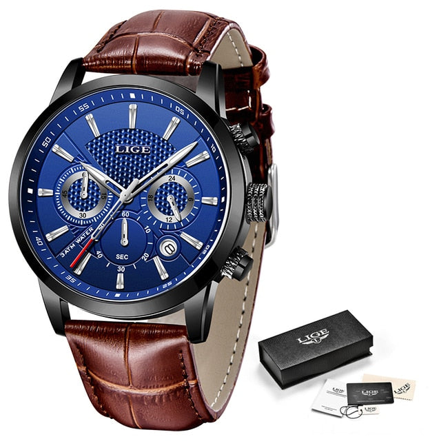 2021 New Men's LIGE Top Brand Leather Chronograph Waterproof Quartz Watch