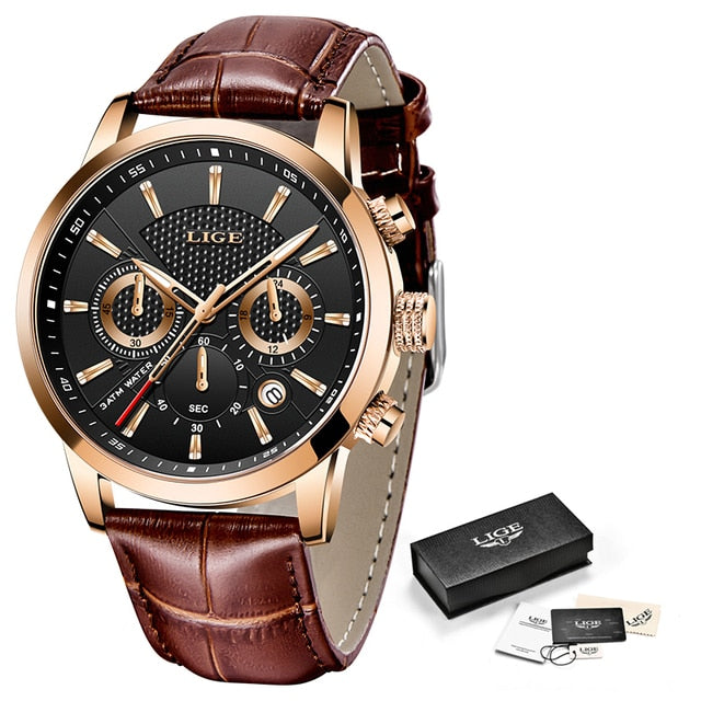 2021 New Men's LIGE Top Brand Leather Chronograph Waterproof Quartz Watch