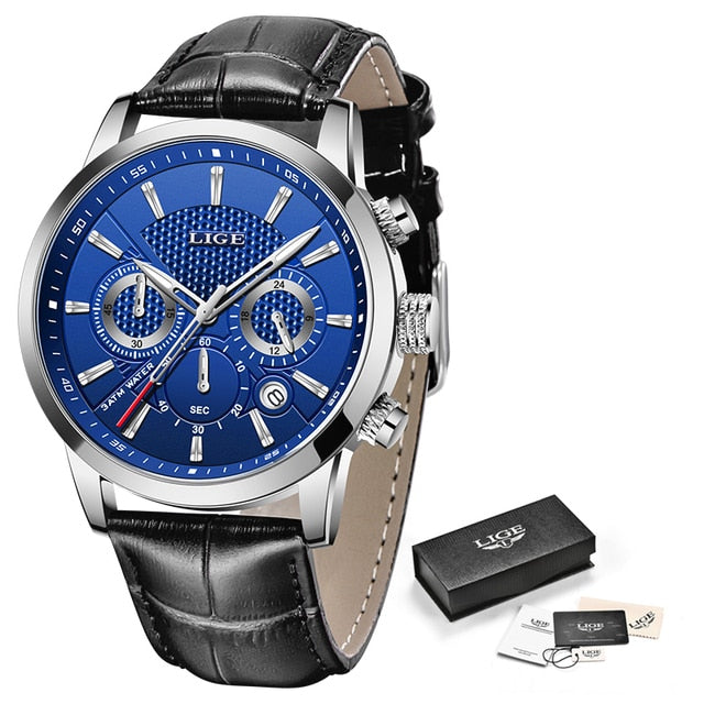 2021 New Men's LIGE Top Brand Leather Chronograph Waterproof Quartz Watch