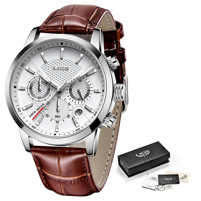 2021 New Men's LIGE Top Brand Leather Chronograph Waterproof Quartz Watch