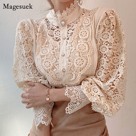 New 2021 Sweet Hollow Out Lace Patchwork Women Blouse