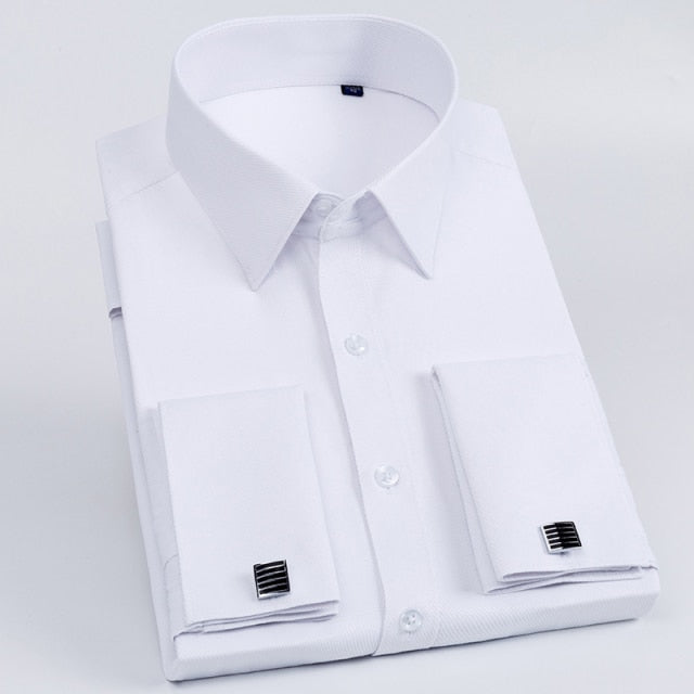 Men's French Cuff Dress Shirt Slim Fit Tuxedo with Cufflinks Poly/Cotton Double Button Collar