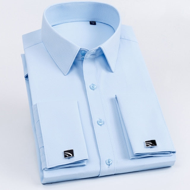 Men's French Cuff Dress Shirt Slim Fit Tuxedo with Cufflinks Poly/Cotton Double Button Collar