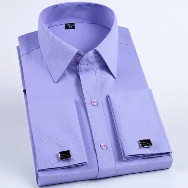 Men's French Cuff Dress Shirt Slim Fit Tuxedo with Cufflinks Poly/Cotton Double Button Collar