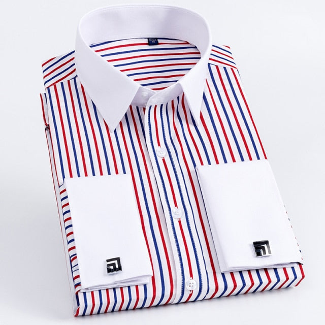 Men's French Cuff Dress Shirt Slim Fit Tuxedo with Cufflinks Poly/Cotton Double Button Collar