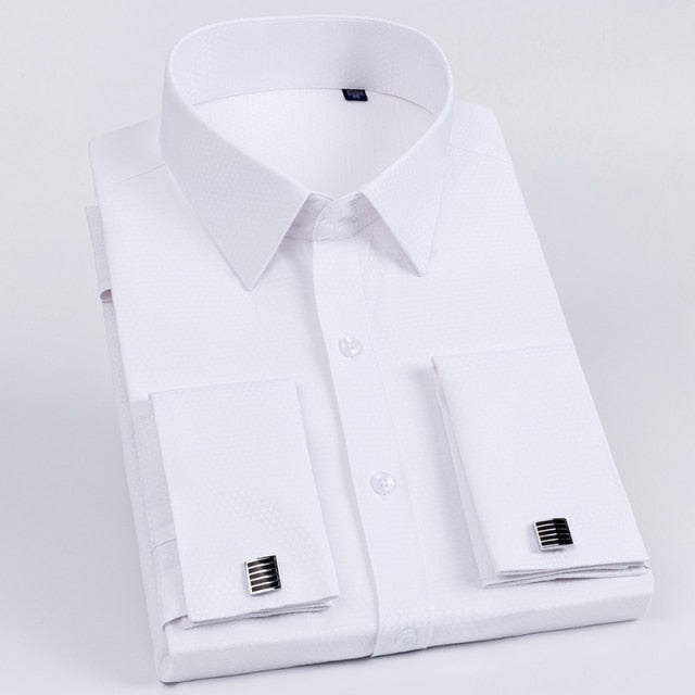 Men's French Cuff Dress Shirt Slim Fit Tuxedo with Cufflinks Poly/Cotton Double Button Collar