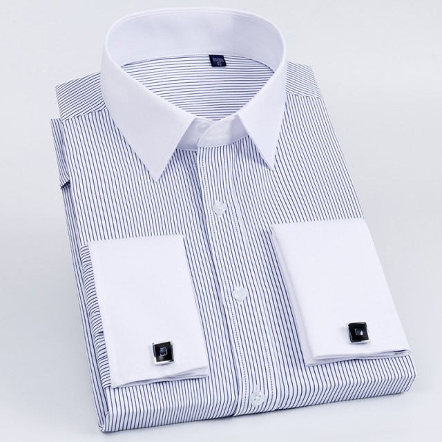 Men's French Cuff Dress Shirt Slim Fit Tuxedo with Cufflinks Poly/Cotton Double Button Collar