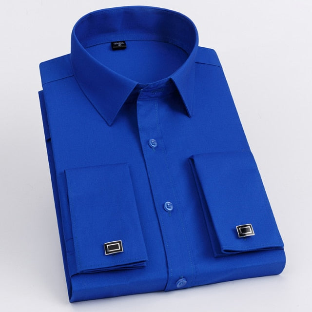 Men's French Cuff Dress Shirt Slim Fit Tuxedo with Cufflinks Poly/Cotton Double Button Collar