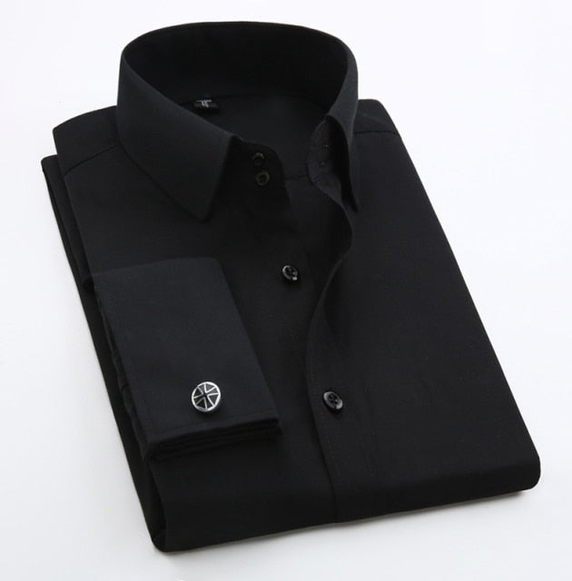 Men's French Cuff Dress Shirt Slim Fit Tuxedo with Cufflinks Poly/Cotton Double Button Collar