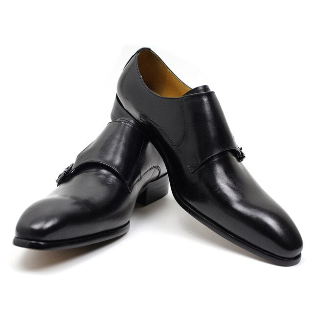 Leather Monk Strap Buckle Brown Pointed Toe Handmade Formal Shoes