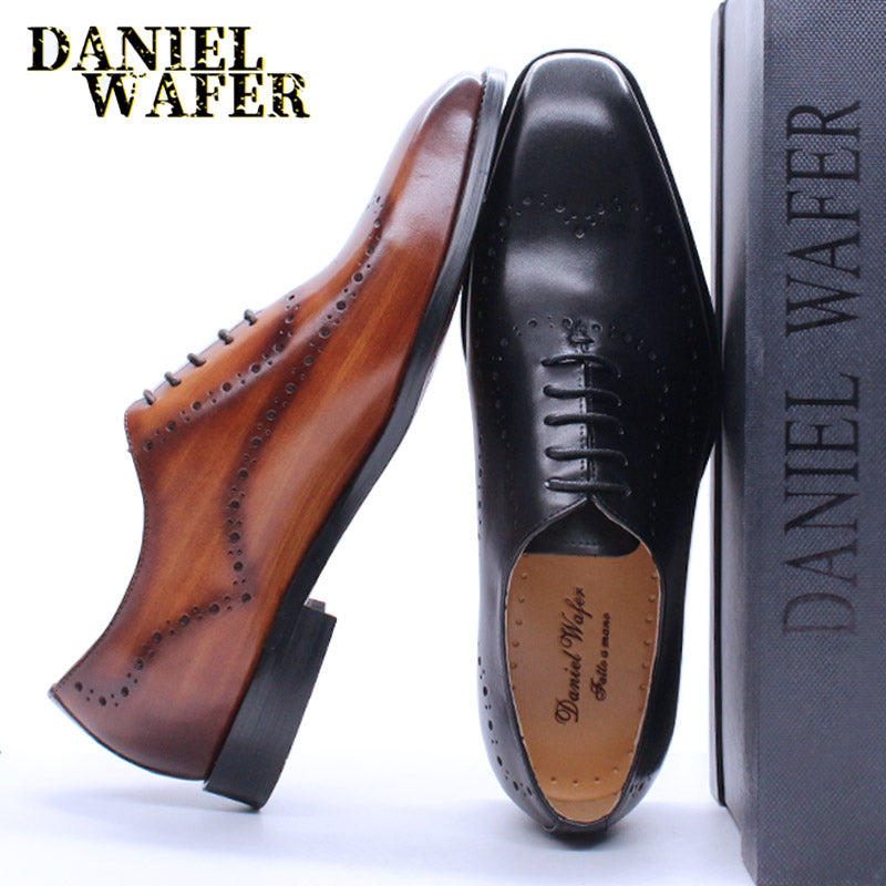 Luxury Italian Oxford Genuine Leather Shoes Brogue Fashion Wing Tip Black Lace Up Wedding Office Dress Men Formal Shoes