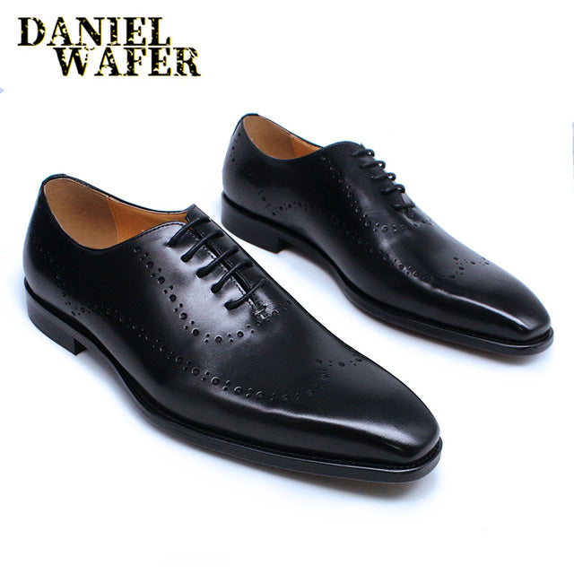 Luxury Italian Oxford Genuine Leather Shoes Brogue Fashion Wing Tip Black Lace Up Wedding Office Dress Men Formal Shoes