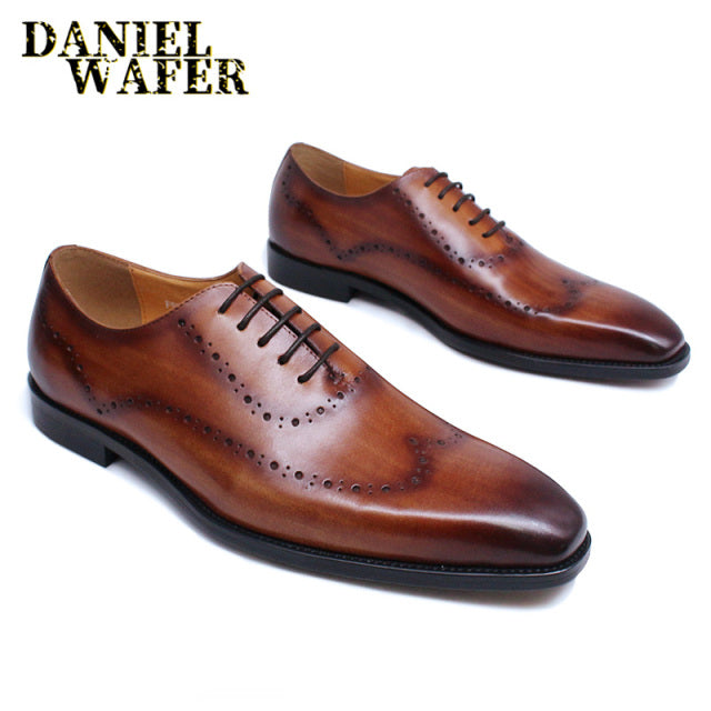 Luxury Italian Oxford Genuine Leather Shoes Brogue Fashion Wing Tip Black Lace Up Wedding Office Dress Men Formal Shoes